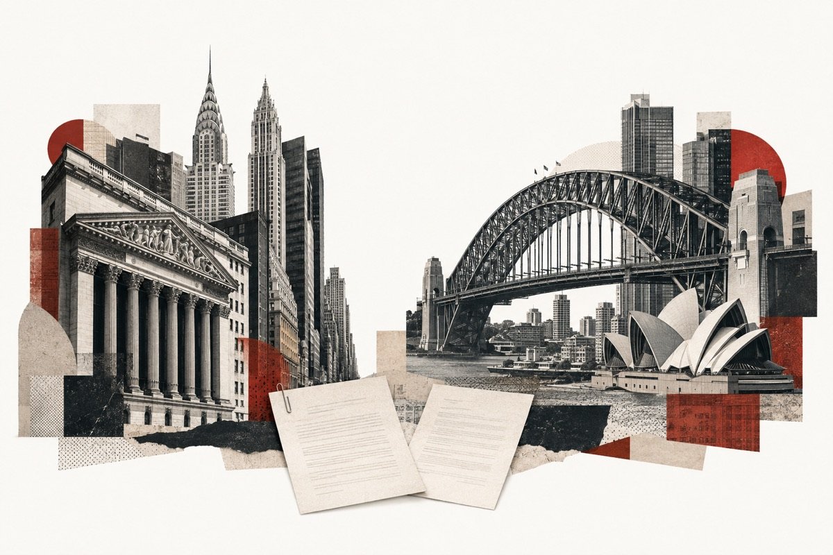 Paper collage of New York and Sydney landmarks