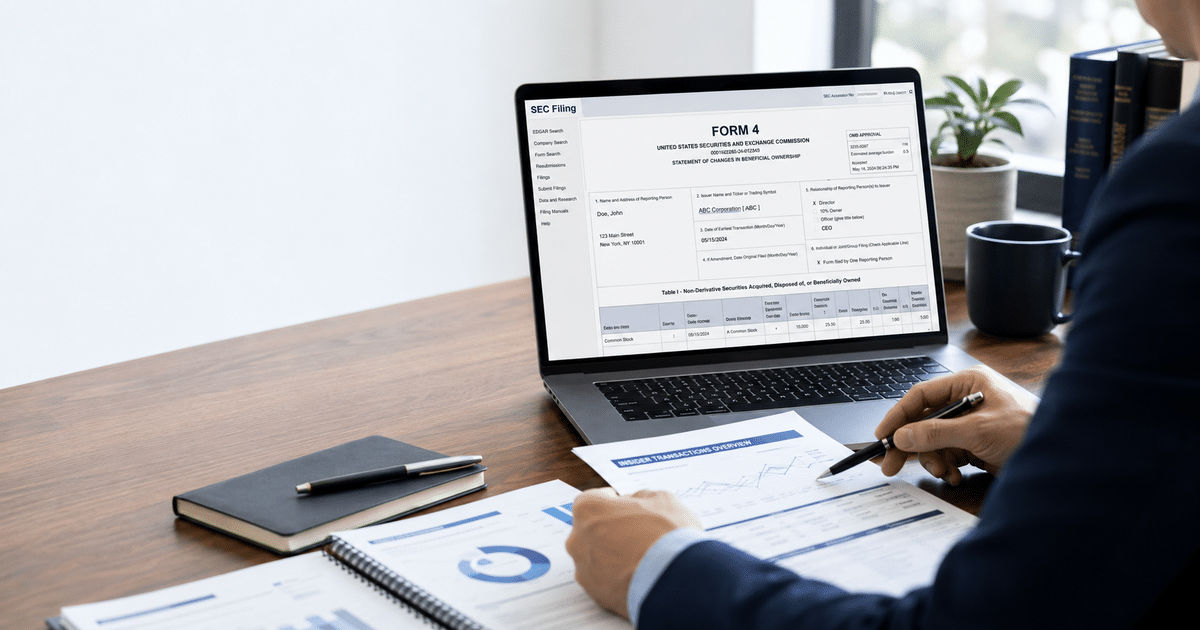 Professional guide to reading SEC Form 4 filings - investor analyzing SEC Form 4 document on laptop with financial data